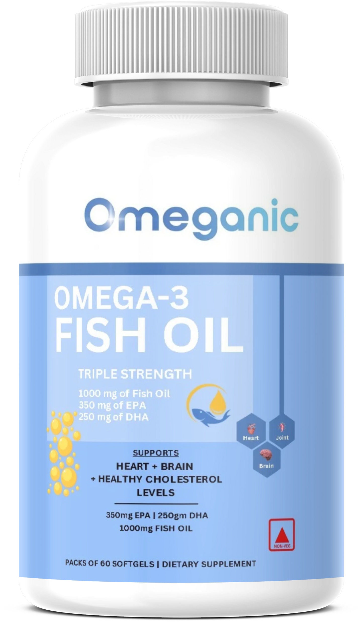 Omeganic Triple Strength Omega-3 Fish Oil – 1000mg (EPA 350mg + DHA 250mg) for Heart, Brain & Cholesterol Health
